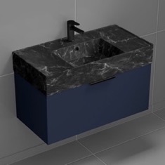 Floating Bathroom Vanity, Modern, Blue, 32 inch, Black Marble Style Sink